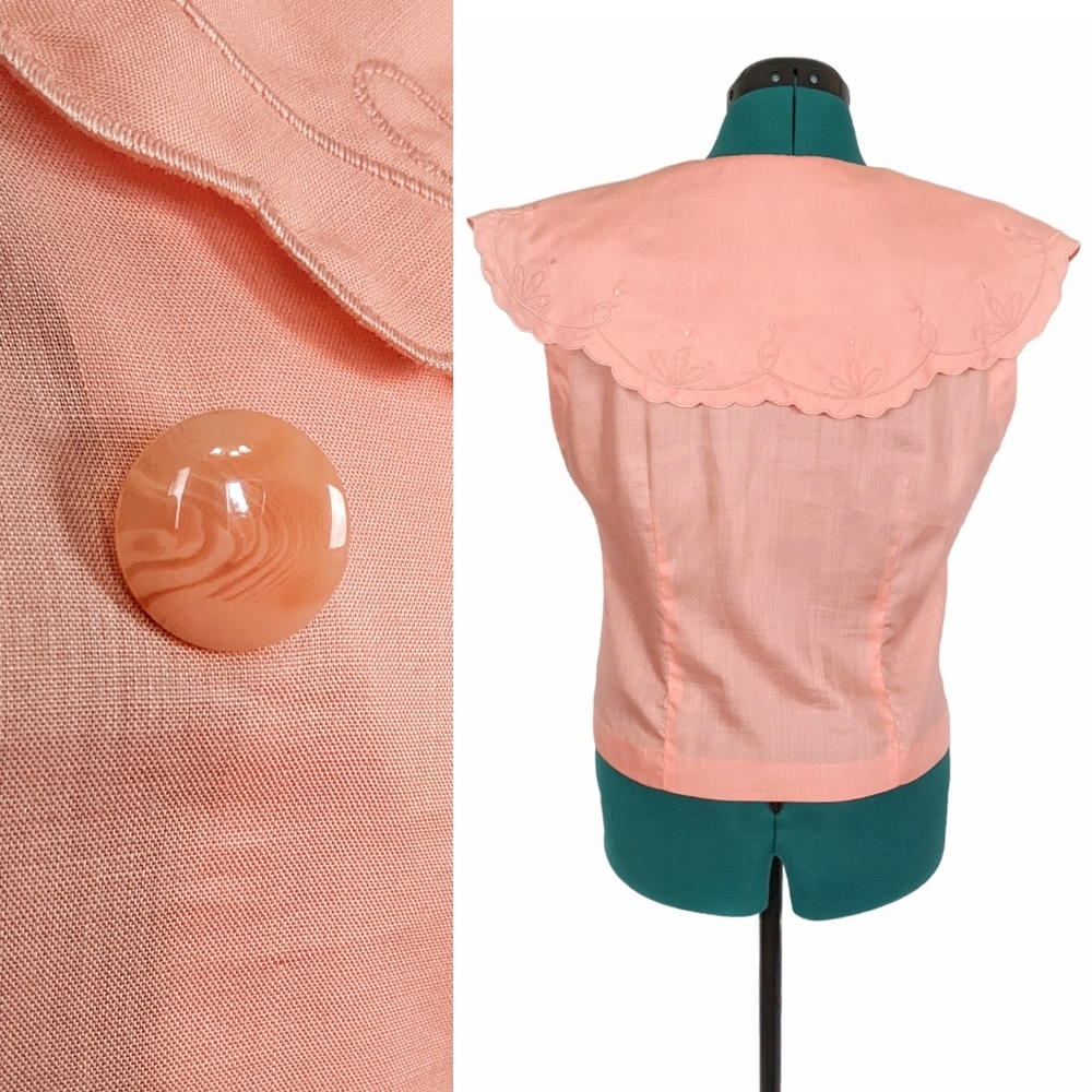 1980s Embroidered Cape Blouse Shirt & Floral Linen Skirt Set Jaclyn Smith Pink - Picture 6 of 10